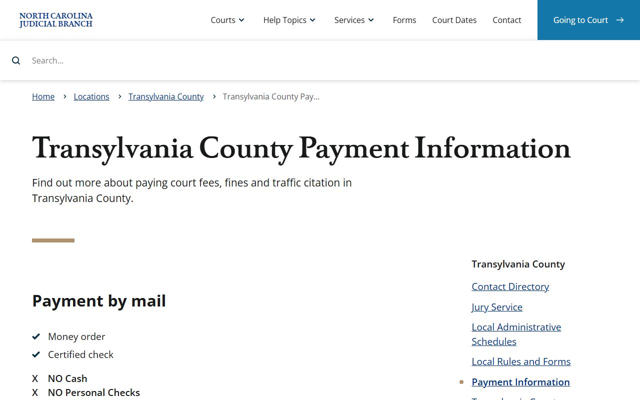 Transylvania County court dockets payment information page