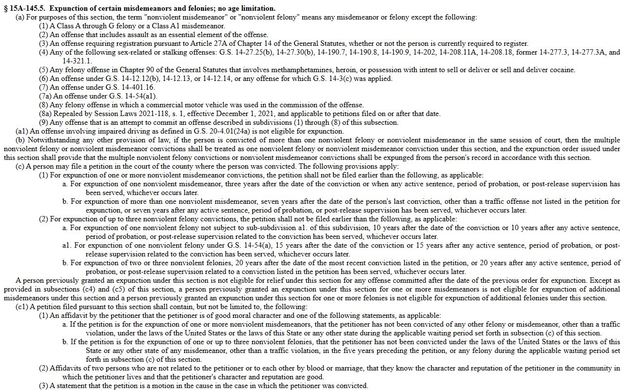 Transylvania County criminal court records nonviolent conviction expunction statute