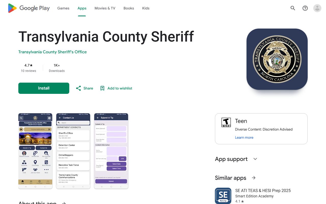 Google Play listing for Transylvania County Sheriff app