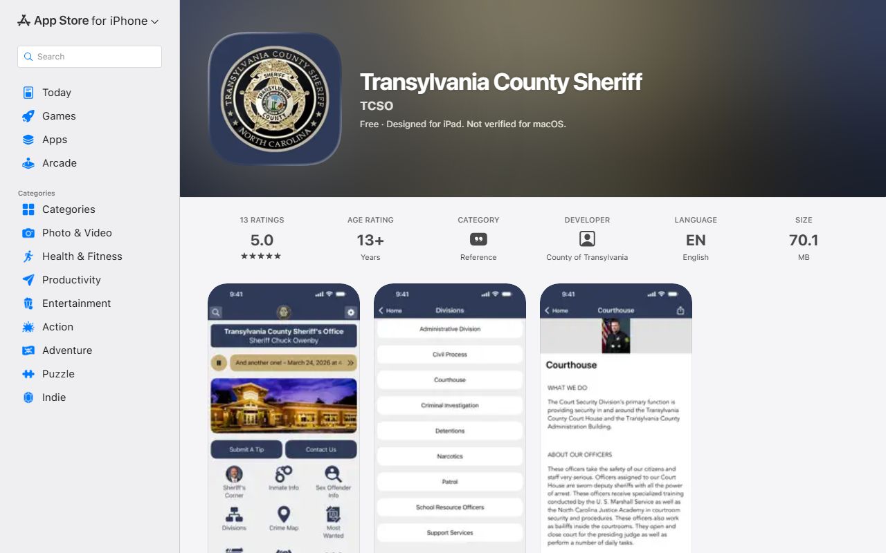 Apple App Store listing for Transylvania County Sheriff app