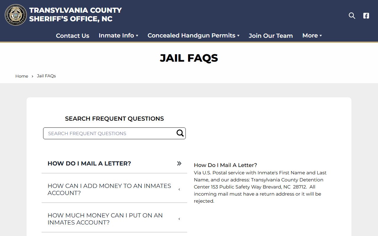 Transylvania County Sheriff's Office jail FAQ page