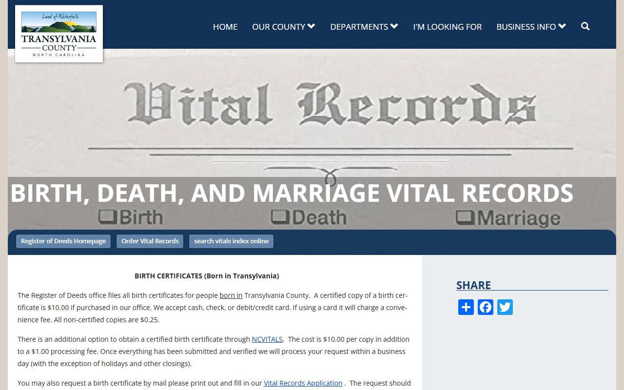 Transylvania County vital records page for marriage certificates