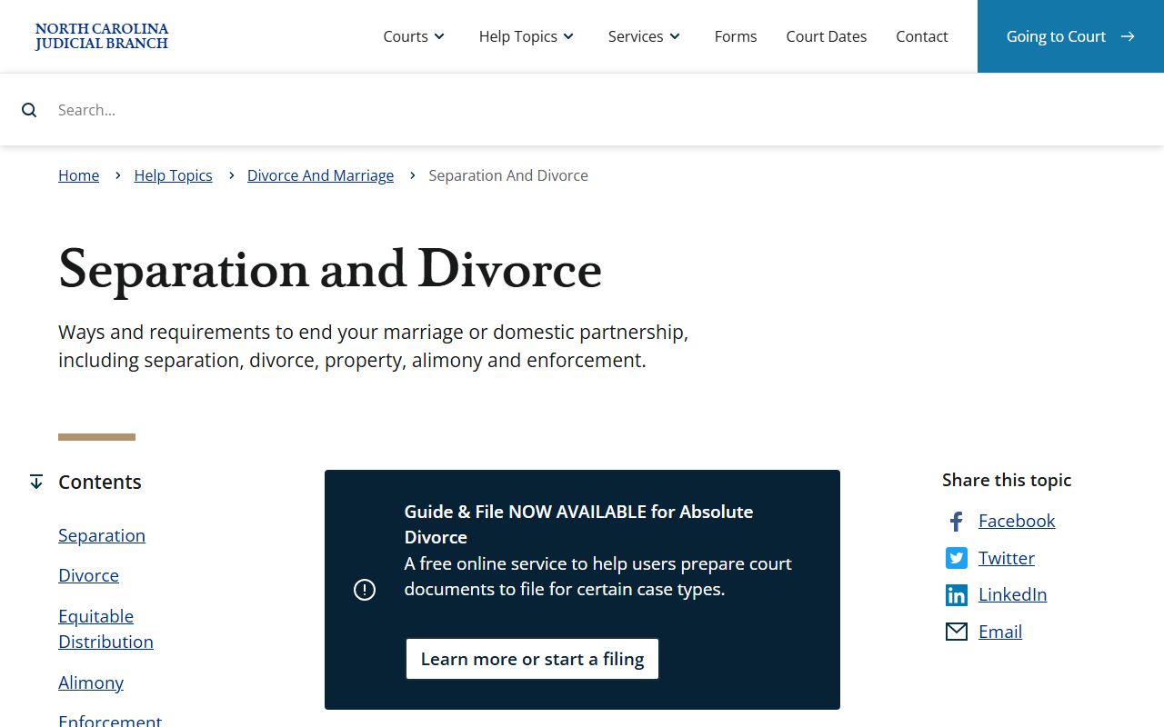 NC Courts separation and divorce help topic
