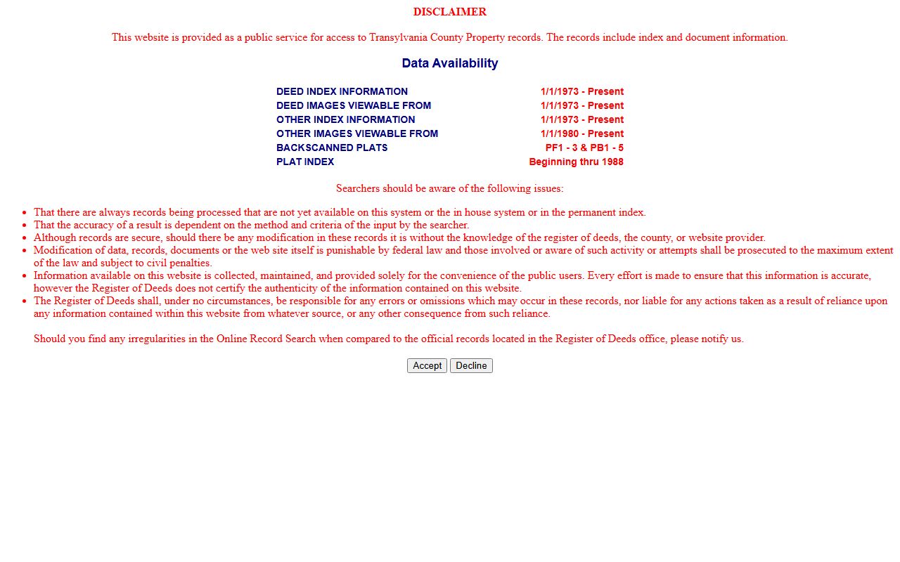 Transylvania online marriage application and deeds search landing page