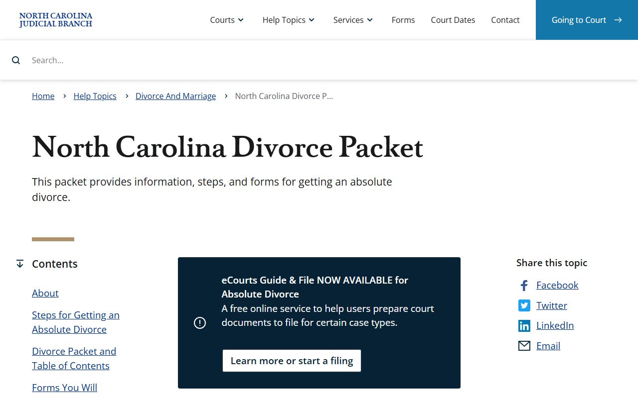 North Carolina divorce packet page