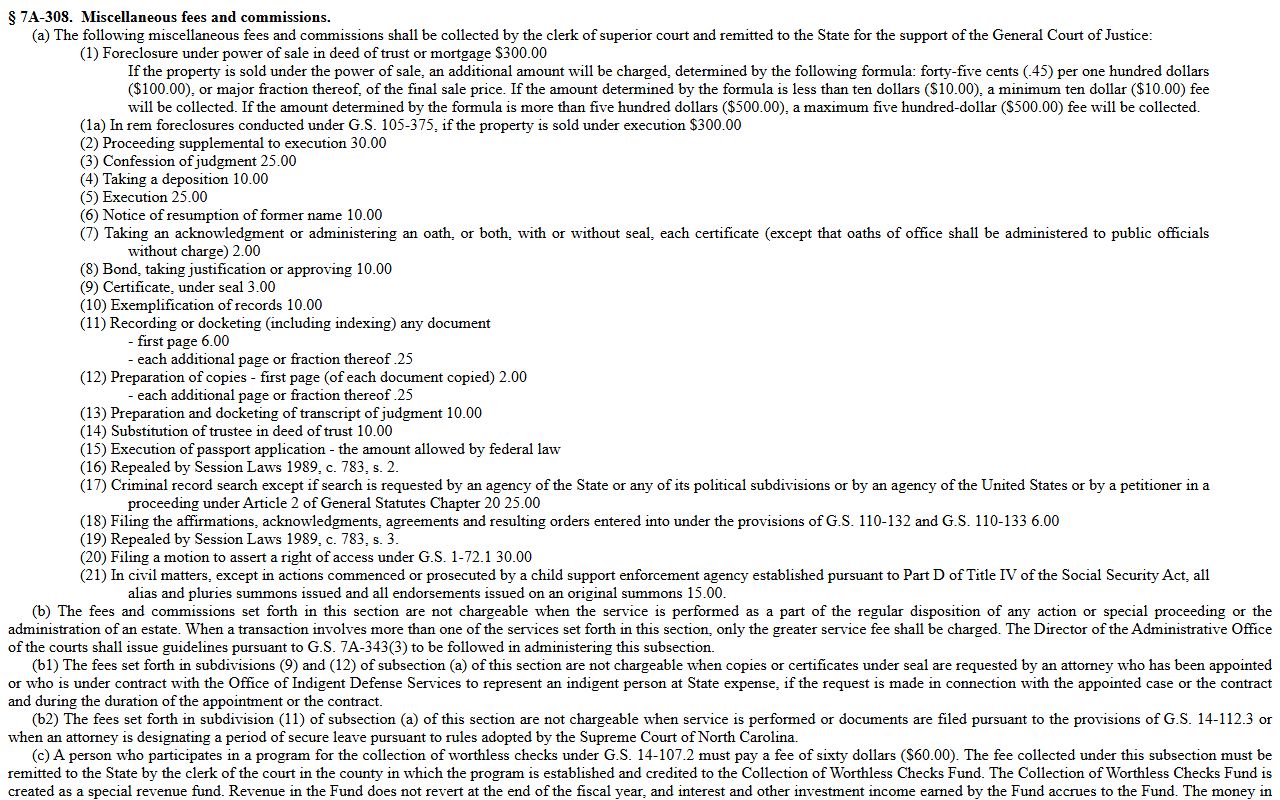 Transylvania County probate records clerk fee statute