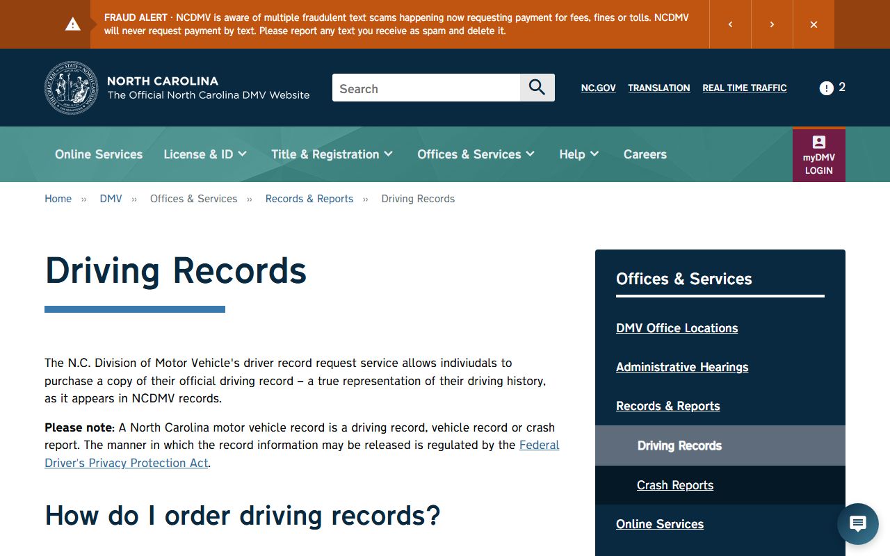 NCDMV driving records information page
